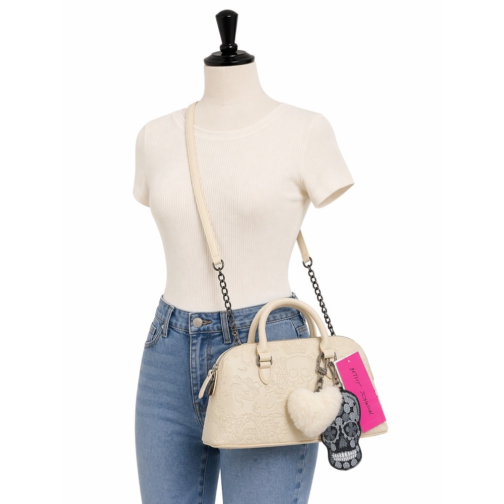 NEW Betsey Johnson Xogema E/W Satchel Chalk White Embossed Skull Floral Bag Set